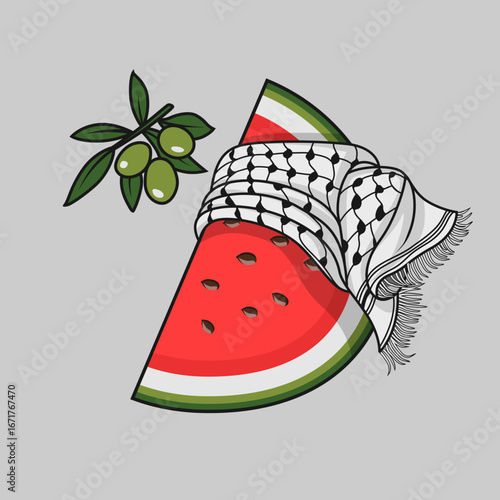 Watermelon, keffiyeh, and olive tree are symbol of Palestinian public expression in protest againts israeli colonialism.