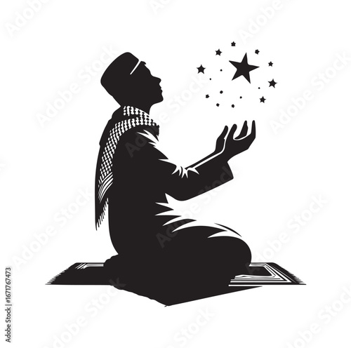 Islamic Prayer Pose with Tasbih – Muslim Silhouette Vector Art
