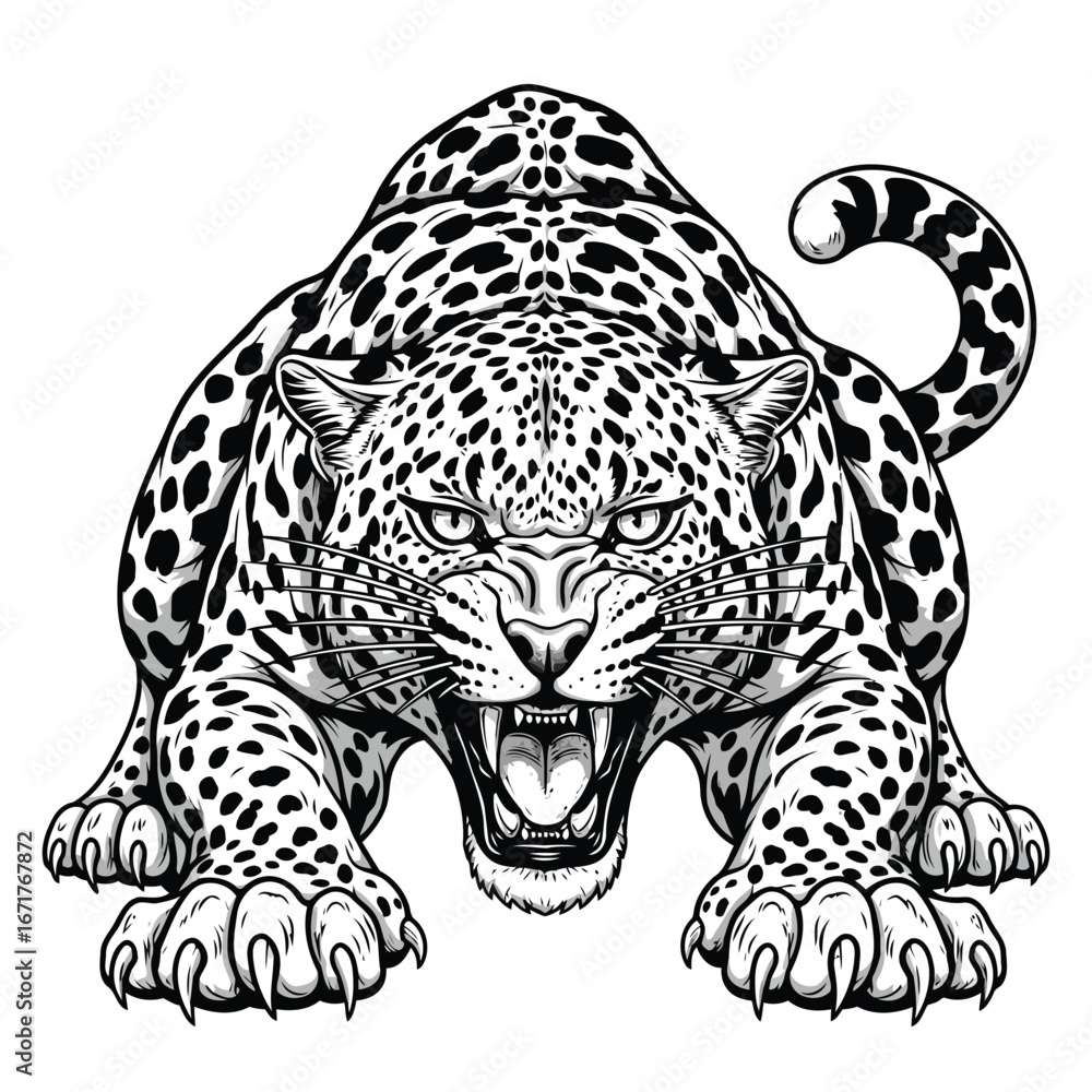 Fototapeta premium Majestic Leopard Illustration A Wildlife Black and White Predator Drawing