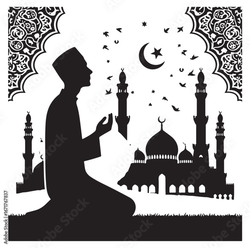 Islamic Prayer Pose with Tasbih – Muslim Silhouette Vector Art