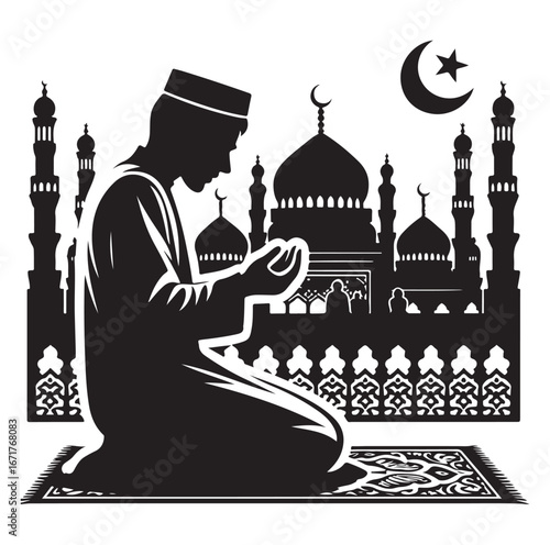 Islamic Prayer Pose with Tasbih – Muslim Silhouette Vector Art