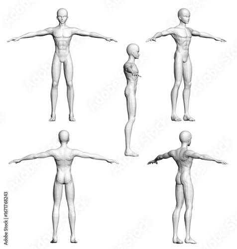 Polygonal anime boy with outstretched arms in dynamic pose, animated 3D male character against white background.