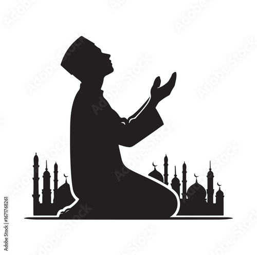 Islamic Prayer Pose with Tasbih – Muslim Silhouette Vector Art