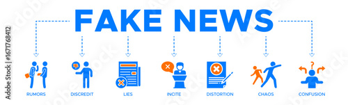 Fake news banner web icon vector illustration concept with icon of rumors, discredit, lies, incite, distortion, chaos and confusion