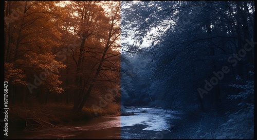 Autumn Forest and River Scene: A Split-Screen Contrast of Natures Beauty.