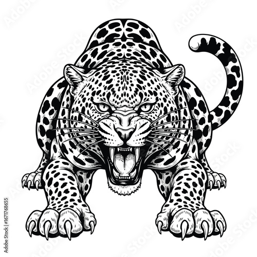 Fearsome Leopard Detailed Monochrome Illustration of a Powerful Predator