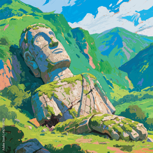 Ruined Ancient Giant Statue with Mossy Background Illustration