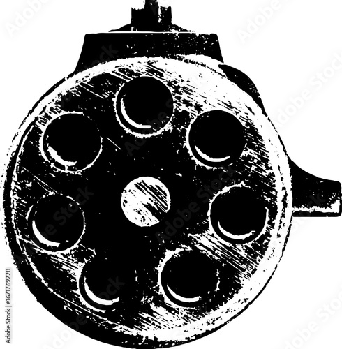 Grunge black and white revolver cylinder illustration for urban art design