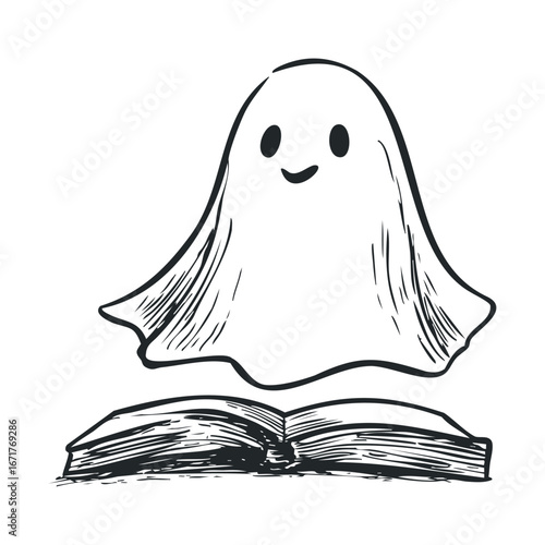 Happy ghost hovering over an open book in a whimsical style. Halloween vector illustration