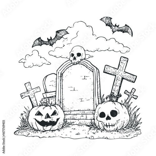 Halloween graveyard with skulls, pumpkins, and bats for decoration. Halloween vector illustration