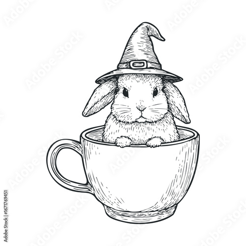 Bunny in a cup wearing a witch hat for Halloween celebration. Halloween vector illustration
