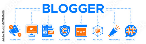 Blogger banner web icon vector illustration concept with icons of marketing, video, advertising, copyright, website, network, announce, hashtag