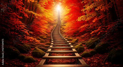 Ascending Stairway to Bright Light - Forest Path of Hope and Transformation.