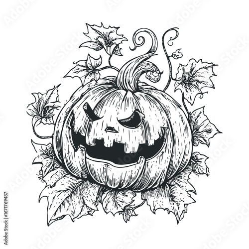 Carved pumpkin with autumn leaves for Halloween fun. Halloween vector illustration