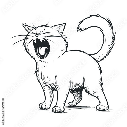 Cat expressing playful energy with a joyful yawn in a simple style. Halloween vector illustration