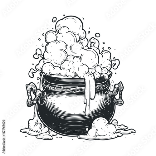 Creative pot of overflowing bubbles for playful design concepts. Halloween vector illustration