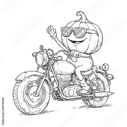 Playful pumpkin character cruising on a motorcycle. Halloween vector illustration