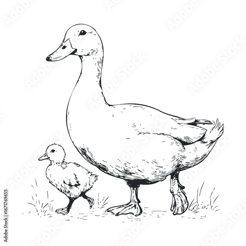 Mother duck and duckling walking in lush grass for springtime theme. Halloween vector illustration