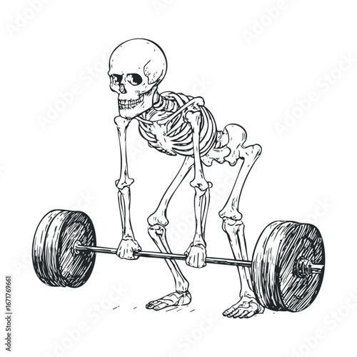Skeleton lifting weights for fitness motivation on Halloween. Halloween vector illustration
