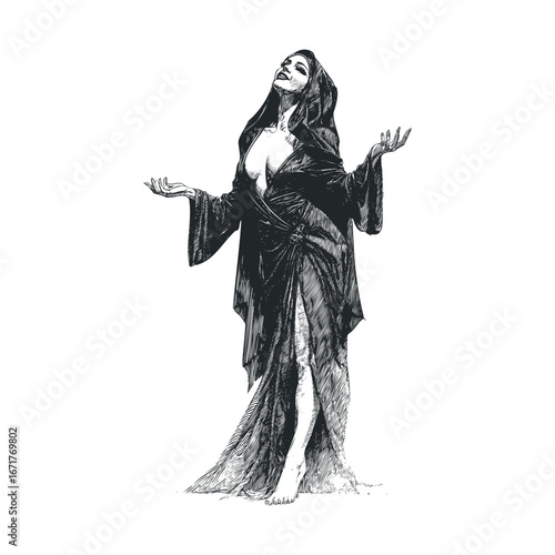 Mysterious woman in dark cloak expressing emotion and intrigue. Halloween vector illustration