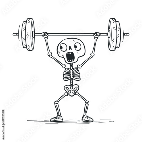 Skeleton lifting weights in playful fitness illustration for Halloween. Halloween vector illustration