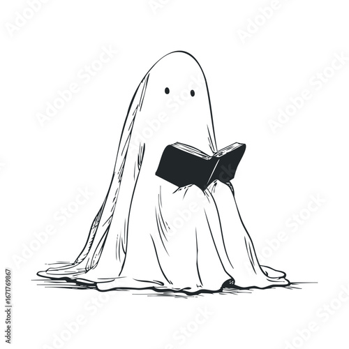 Cute ghost reading a book in a cozy setting at night. Halloween vector illustration