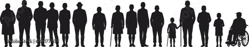 Silhouette of diverse people standing in a row, group of men women children elderly and wheelchair illustration vector design