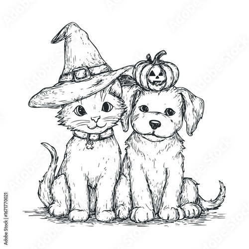 Two adorable pets celebrate Halloween together. Halloween vector illustration