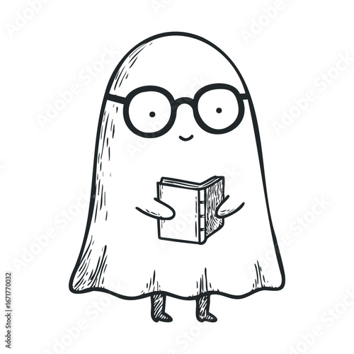 Ghost character reading a book in a fun and imaginative style. Halloween vector illustration