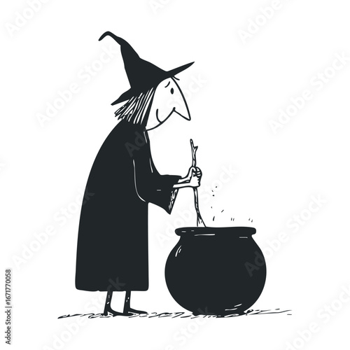 Enchanting witch preparing a magical potion in a cauldron. Halloween vector illustration