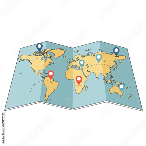 World map showing various locations with pins indicating travel destinations on a light blue and beige color scheme, suggesting exploration and adventure.