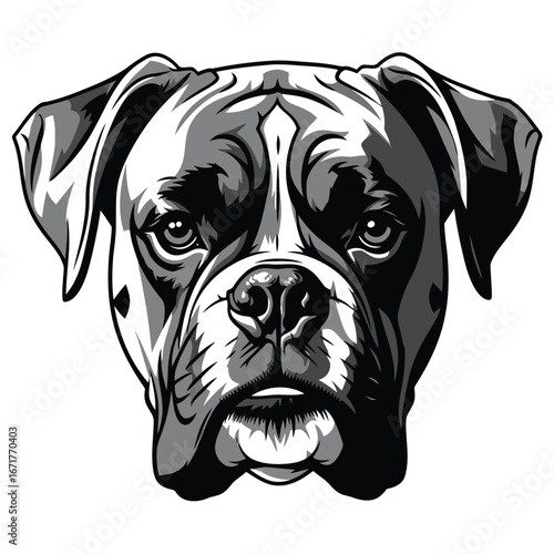 Striking grayscale illustration of a powerful Boxer dog's head, capturing the loyal and protective animal's noble expression in black and white graphic art.