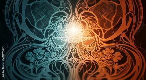 Abstract swirling energy network artwork in teal and orange.