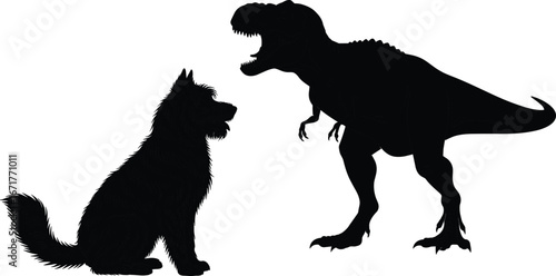 Silhouette of dog and dinosaur, black vector illustration, animal comparison, prehistoric dinosaur, pet dog sitting, black silhouette art, fantasy animal scene