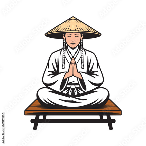 Meditating person in a traditional Asian conical hat. A serene character in a lotus pose practicing mindfulness and yoga vector illustration.