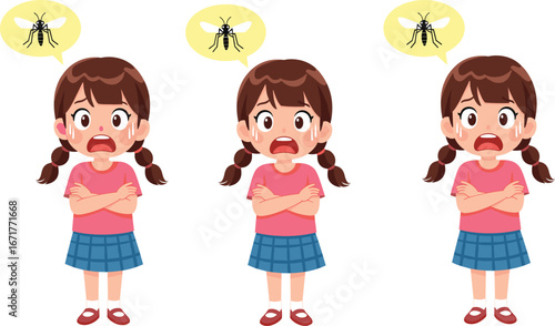 Scared girl, mosquito fear, cartoon character, frightened child, vector art, insect threat, schoolgirl illustration, bug awareness, health concern, pest control, animated style, expressive face