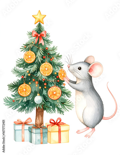 Mouse Carrying Present by Tree - Cozy Christmas Clipart
