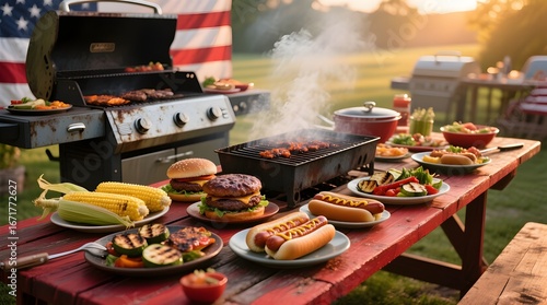 American Backyard BBQ with Hamburgers and Hot Dogs