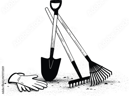 Gardening tools illustration, shovel, rake, gloves on soil, black and white vector, garden work equipment design, outdoor farming hand tools