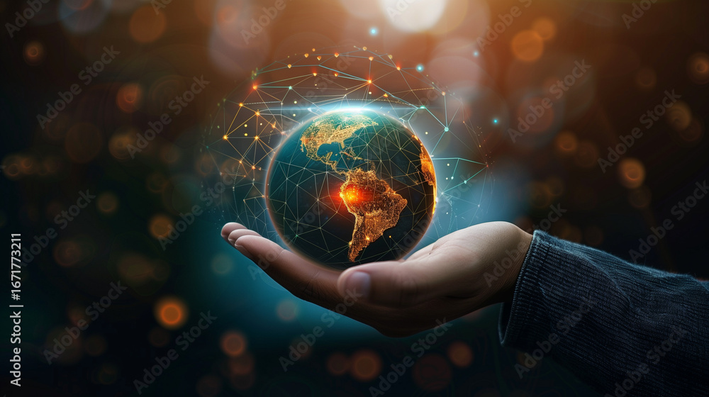 Fototapeta premium Man hand holding digital Earth planet representing global technologies concept