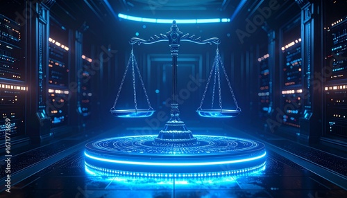 Futuristic Scales of Justice in a Cyberpunk Server Room with Neon Lighting