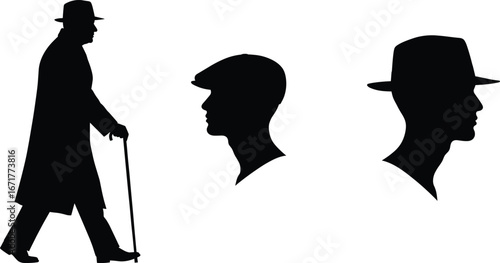 Silhouette of vintage man walking with cane, classic gentleman profiles, retro fashion style, old man vector illustration, head side view
