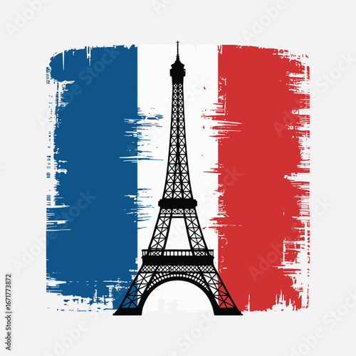 Patriotic design of the Eiffel Tower with a grunge French flag background. A vintage and artistic symbol of Paris, France for travel lovers vector illustration.