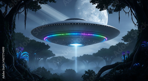 Illuminated UFO Hovering Above Forest, Moonlit Night, Beam of Light, Sci-Fi Scene.