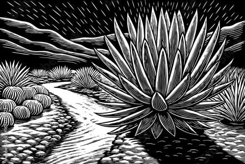 Agave cactus beside desert oasis stream, clear water surrounded by glowing plants and starry sky, magical wilderness, black and white sketch