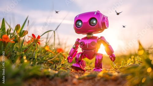 A small pink robot stands in a field of tall green grass and vibrant wildflowers at sunrise. 
