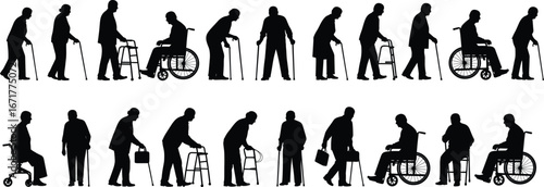 Silhouettes of elderly people walking with canes, using walkers and wheelchairs, senior patient mobility, medical rehabilitation, healthcare vector illustration