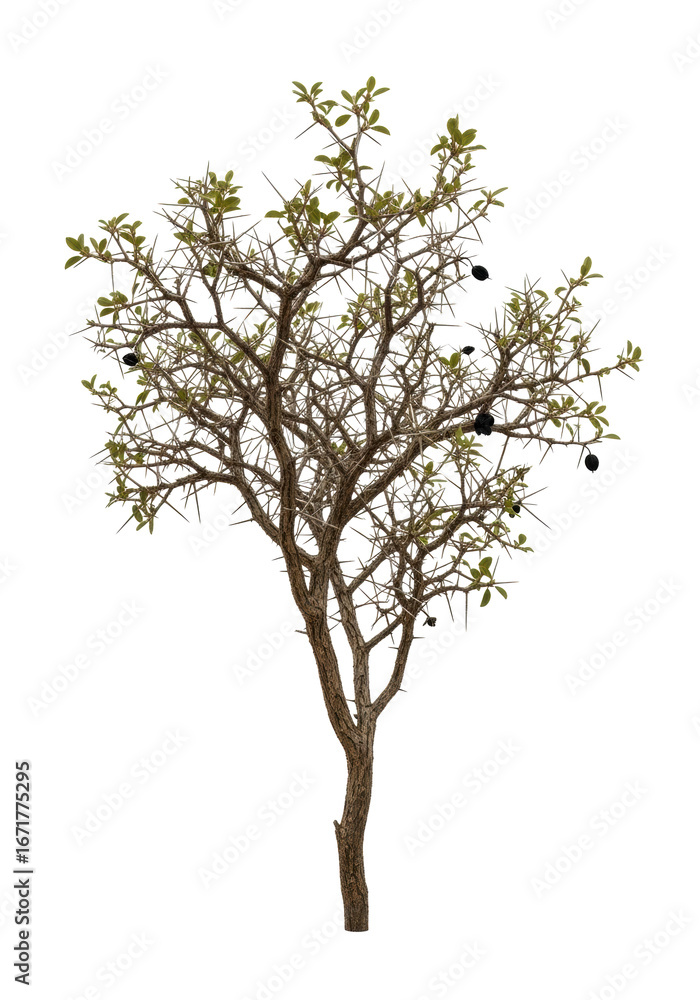Obraz premium A photorealistic close-up of a sparse, gnarled desert shrub with sharp thorns and leathery olive-green leaves, isolated against a brilliant white studio background. Concept of natural resilience