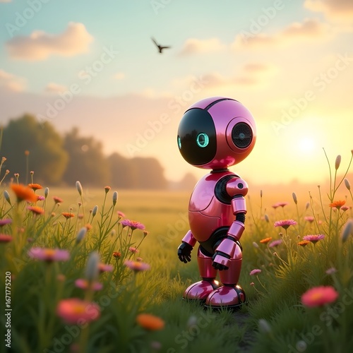 A small pink robot stands in a field of tall green grass and vibrant wildflowers at sunrise. 