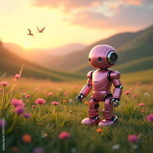 A small pink robot stands in a field of tall green grass and vibrant wildflowers at sunrise. 